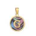 Pendentif rond doré avec lettre G et incrustation marbrée colorée sur collier en or 18k - G-Coquille Multicolore