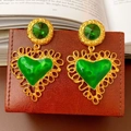 Vintage heart earrings in emerald green enamel with gold-plated hollow lace finish - Gold Hollow Heart Emerald Drop Earrings (Silver Earring Post)