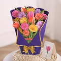 3D pop-up tulip flower bouquet greeting card with purple wrapping and golden bow detail - Tulips 2