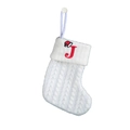 White knitted Christmas stocking with red embroidered letter J and Santa hat design - White-Letter J