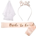 Rose gold Bride headband, white veil, and Bride to be sash set for wedding party - Headband Sash Veil Set (Diamond Ring Pattern) / Rose Gold