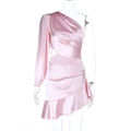 Detail of pink satin one-shoulder dress with side cutout and ruffled asymmetric hemline - S / Pink