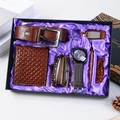 Men's gift set with brown leather watch, belt, and wallet on purple satin lining - 10-Piece Coffee Set (Belt + Wallet + Watch + 3 Bracelets + Keychain + Pen + Beads + Gift Box)