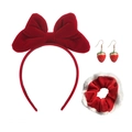 Détail de l'ensemble bandeau en velours rouge, boucles fraise et chouchou en peluche - 6# Ensemble Serre-tête + Boucles d'Oreilles + Choucou