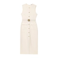 Dettaglio di un abito midi beige senza maniche con bottoni dorati e cintura inclusa - S / Bianco Sporco