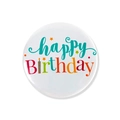 Nahaufnahme der Happy Birthday Blechanstecknadel mit bunten Regenbogen-Buchstaben auf Weiß - Regenbogen Handschrift Geburtstagsstil / Silber
