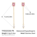 Detailed view of long tassel earrings with pink zircon, white pearl, and dimensions shown - Pink Oval Gemstone Long Style (YYE025336-PK)