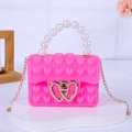 Pink heart-shaped silicone pop toy handbag with pearl handle and gold chain strap - Rose Red