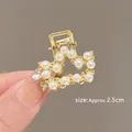 Mini gold heart hair claw clip with faux pearls, 2.5cm size shown on fingers - 5# Crown Pearl