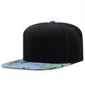 Flat brim snapback hat in black with blue floral print visor and six-panel structure - Adjustable / Flat Brim / Black Blue Butterfly