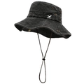 Retro washed cotton bucket hat with airplane embroidery and adjustable windproof drawstring - M (56-58cm) / Side Plane Black