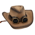 Détail d'un chapeau de cowboy en paille avec des lunettes steampunk sur le rebord - Kaki Style 6