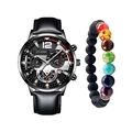 Men's business quartz watch with black leather strap and colorful seven chakra bead bracelet - Black Strap Black Case Silver Hands And Bracelet
