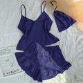 Three-piece dark purple satin pajamas set featuring camisole top, ruffled shorts and storage bag - S / Navy Blue