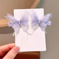 Set of two light purple butterfly hair clips with sheer wings and white pearl accents - Purple Gauze Butterfly Pair / Purple