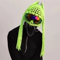Neon green handmade knitted devil horn mask with metal chains and reflective goggles - Punk Chain Spike Style / Grass Green