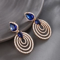 Luxurious golden drop earrings featuring dark blue teardrop stones with triple halo diamonds - Dark Blue Waterdrop 3-Layer / Gold