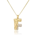 Macro view of gold letter F pendant necklace featuring sparkling zircon stones detail - Letter F