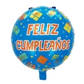 Blue 18-inch round foil balloon with Spanish Feliz Cumpleaños lettering and gift boxes - Round Gift Box Spanish Birthday