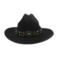 Classic black wool fedora featuring brown leather band with turquoise beads and metal studs - One Size (Wide Brim) / Black Bound Edge (Treasure Flower Leather Belt)