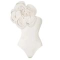 White one-piece swimsuit featuring a large 3D camellia flower on the shoulder - White with White Flower