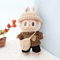 Labubu plush toy in beige knitted hat and brown sweater with love heart crossbody bag - Black Jeans + Japanese Handmade Brown And Gray Three-piece Set / First And Second Generation Keychains Are Compatible With La Cloth Dolls. Dolls Not Included.