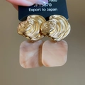 Close-up of golden shell texture studs and square marble resin pendant drop earrings - 925 Silver Pin + Alloy + Resin / Gold-Brown (Marble Texture)