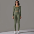 Olivgrünes nahtloses Yoga-Set mit langärmeligem U-Ausschnitt-Oberteil und High-Waist-Leggings - S / Armeegrün