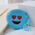 Mini blue plush coin purse with heart-eye emoji embroidery and plastic hanging hook - Blue