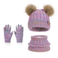 Colorful space-dyed 3-piece winter set with double pom knit hat, neck warmer and touch gloves - Three-Piece Set / Multicolor