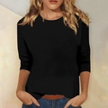 Women's classic solid black t-shirt with round neck and 3/4 sleeves for autumn wear - S / Black
