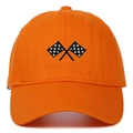 Close-up of racing flag embroidery on bright orange cotton twill baseball cap - Orange