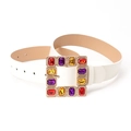 Women fashion white leather belt with square gold buckle and colorful crystal stones - White