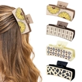 Detail showing various patterns like sunflower and leopard print on leather hair claws - 4PCS Sunflower Leopard Mix Set