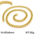 Chaîne cubaine en acier inoxydable doré de 8mm, longueur 450mm avec un poids de 60g - Collier Doré 450x8mm