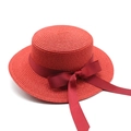 Elegant red straw boater hat for women with a vintage ribbon bow for summer beach travel - M (56-58cm) / Red