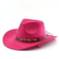 Detail of rose red suede cowboy hat with gear decoration and braided trim band - M(56-58cm) / Rose Red