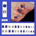 Short square press-on nails featuring royal blue and brown plaid patterns in 24 sizes - R718 Royal Blue Plaid