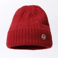 Deep red cable knit winter beanie featuring a rhinestone-studded metal letter M badge - One Size / Wine Red (Round M)