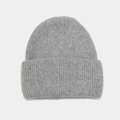 Thick grey angora rabbit fur knit beanie with ribbed texture and folded cuff design - Medium Grey