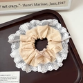 Beige striped scrunchie with white lace trim and bow knot on a vintage wooden tray - Q530 Beige Striped White Lace