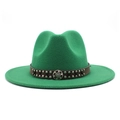 Detail of bright green wool fedora featuring brown leather band with silver metal studs - Grass Green
