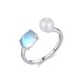 S925 silver adjustable open ring featuring blue gemstone and round white pearl - Adjustable Open / 925 Sterling Silver