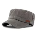 Men's washed cotton flat top military cap in vintage dark grey with leather logo patch - Adjustable / Gray