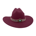 Burgundy wool western cowboy hat with ethnic embroidered band and turquoise stone - Large Brim Oval Blue Stone / Burgundy