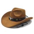 Brown western cowboy hat featuring vintage bull head metal accents and chin strap - M (56-58cm) / Khaki
