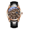 Luminous quartz watch for men featuring a rose gold alloy case and black leather strap - Black Strap Rose Gold Case Rose Dial