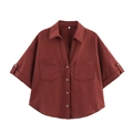Classic brick red blend shirt with lapel collar and dual front pockets for women - XS / Brown