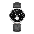 Close-up of silver watch case with black dial, Arabic numerals and crocodile texture leather strap - Black Dial Black Strap Single Sub-dial