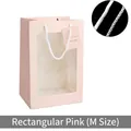 Pink gift bag with transparent window, white rope handle, and hanging tag, weight 70g - Medium Rectangular Pink 30*20*15